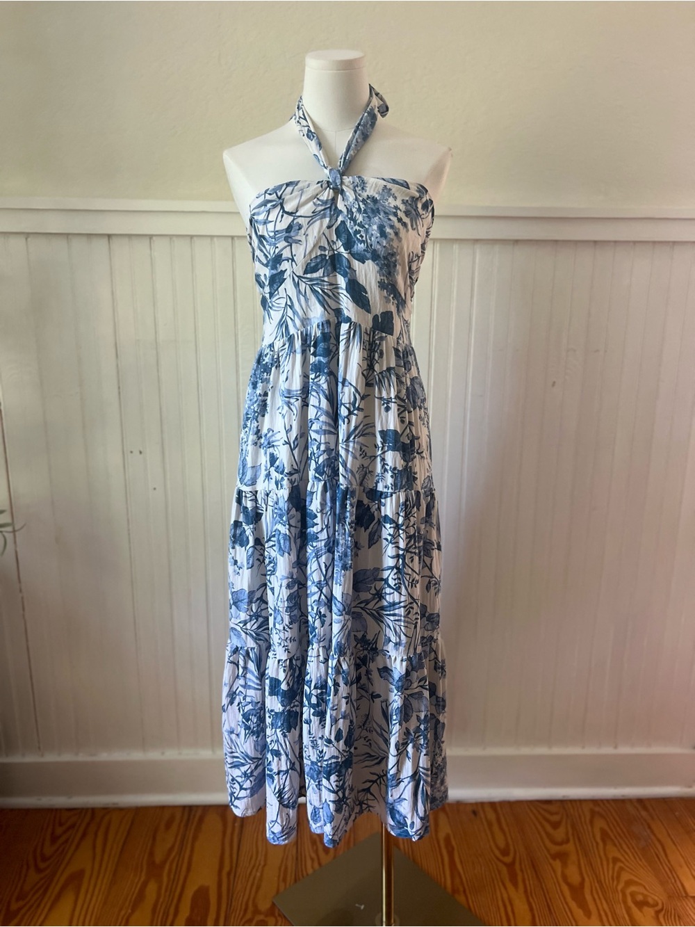 My Sister's Cottage Blue White Floral Halter Midi Dress Smocked Back Size L